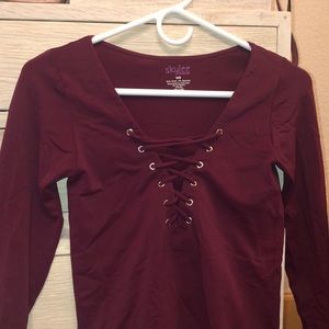 Long Sleeve Nylon Burgundy Lace up Top